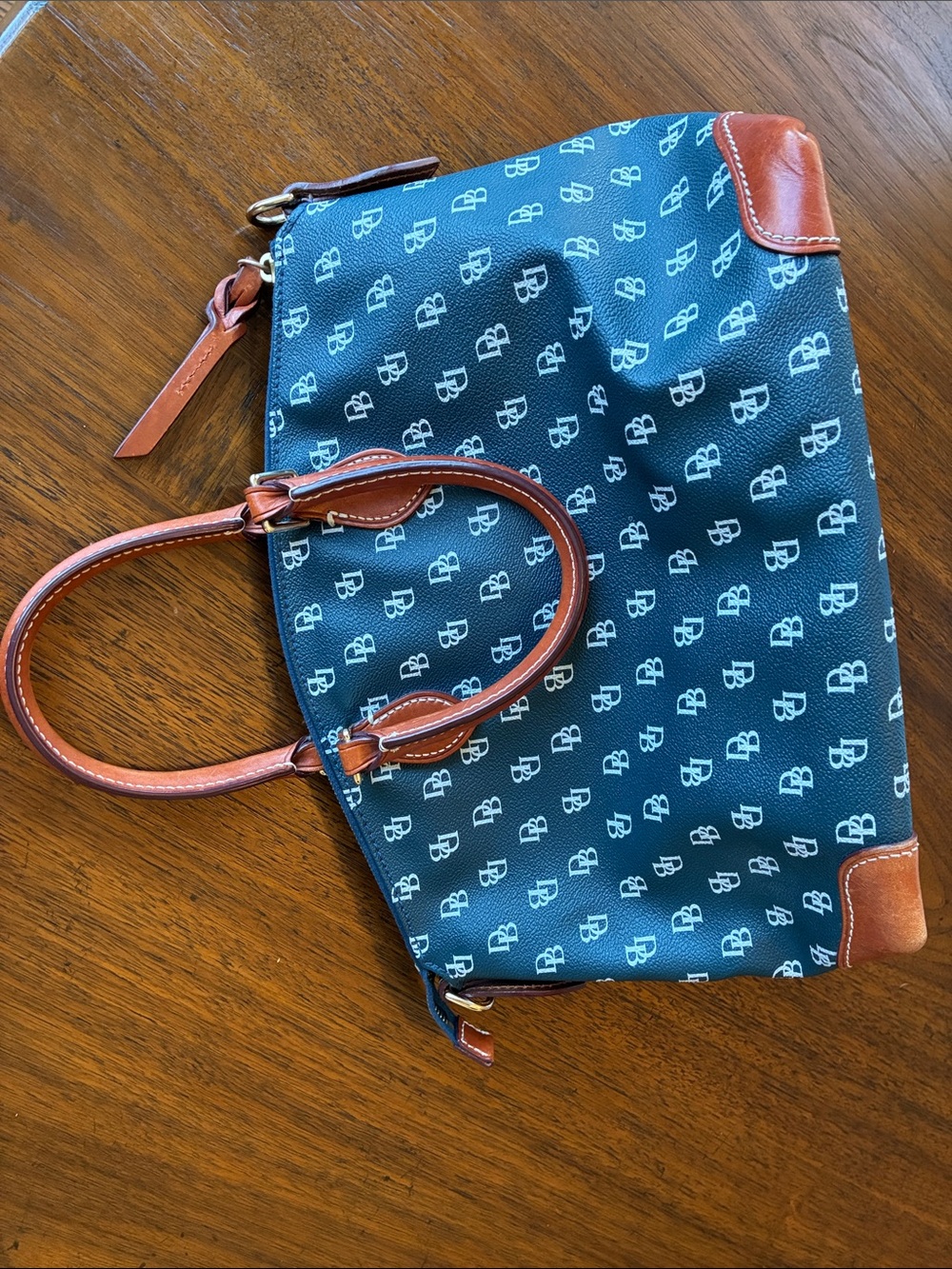 Dooney & Bourke Large Signature Monogram Zip Satchel Navy Blue & White Leather - Picture 14 of 16